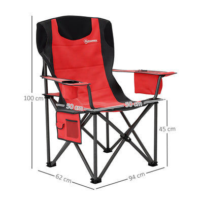 Outsunny Set of 2 Folding Camping Chairs, Padded Camping Chairs with Adjustable Armrests, Portable & Lightweight Folding Camp Chair with Cooler Bag, Cup Holder and Side Pockets, Red 