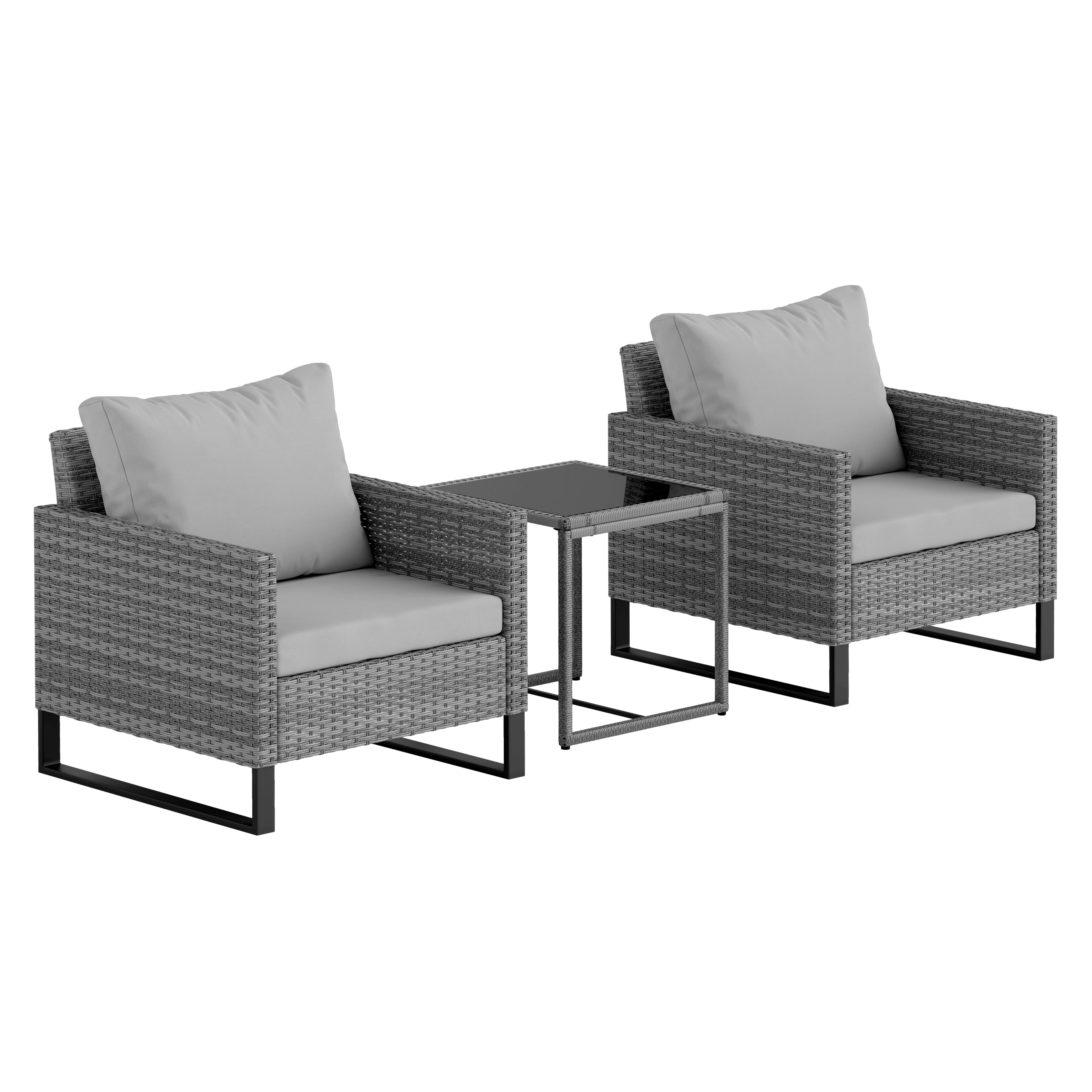 Outsunny 3 Pieces Rattan Bistro Set with 4 Cushions, Wicker Garden Furniture Set, Glass Top Coffee Table and Chairs for Outdoor Patio, Balcony, Terrace and Conservatory, Grey 