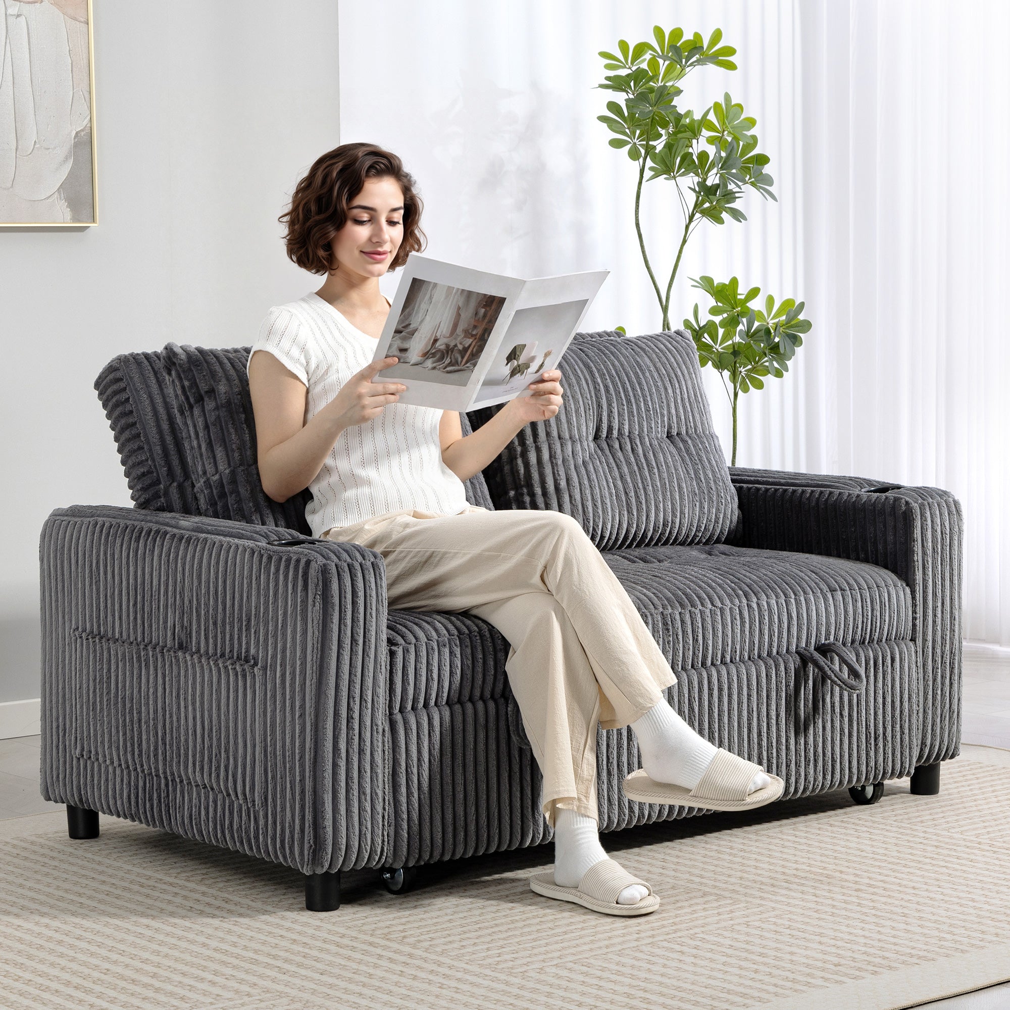 HOMCOM 2 Seater Click Clack Sofa Bed with Pull Out Design, Corduroy Upholstery - Charcoal Grey 