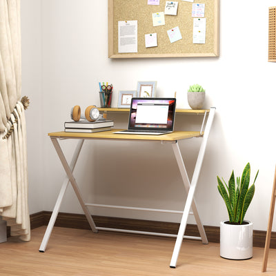 HOMCOM Compact Folding Desk for Small Spaces, Foldable Computer Desk with Storage Shelf for Home Office, 2-Tier Study Writing Table, 86 x 66 x 82 cm, Maple Wood-effect 