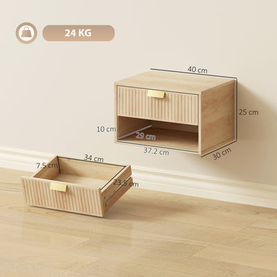 HOMCOM Set of 2 Wall Mounted Nightstands, Floating Bedside Tables with Fluted Drawer and Open Shelf for Small Bedroom, Oak 