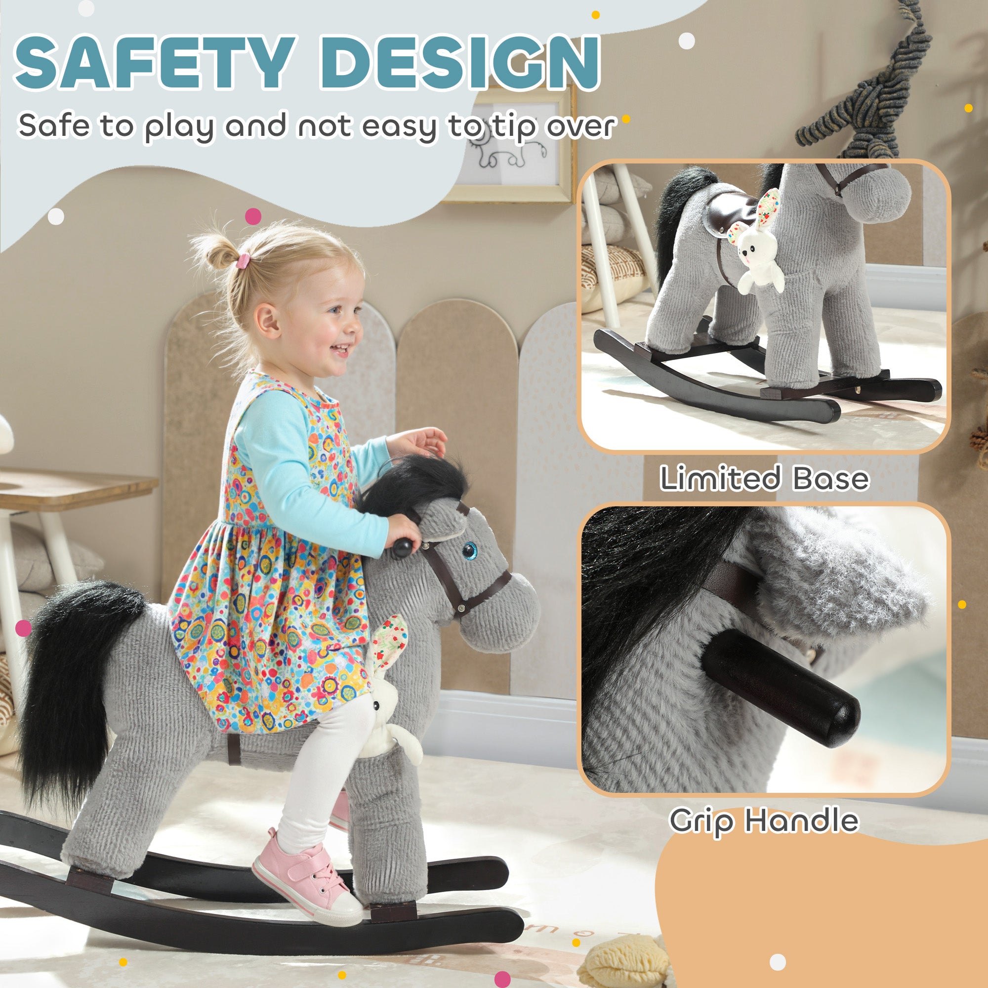 AIYAPLAY Baby Rocking Horse, Plush Ride on Toy with Handle Grip, Sound and Doll, Toddler Animal Rocker for Kids Aged 2-5, Grey 