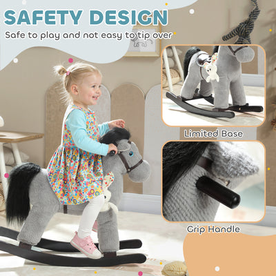 AIYAPLAY Baby Rocking Horse, Plush Ride on Toy with Handle Grip, Sound and Doll, Toddler Animal Rocker for Kids Aged 2-5, Grey 
