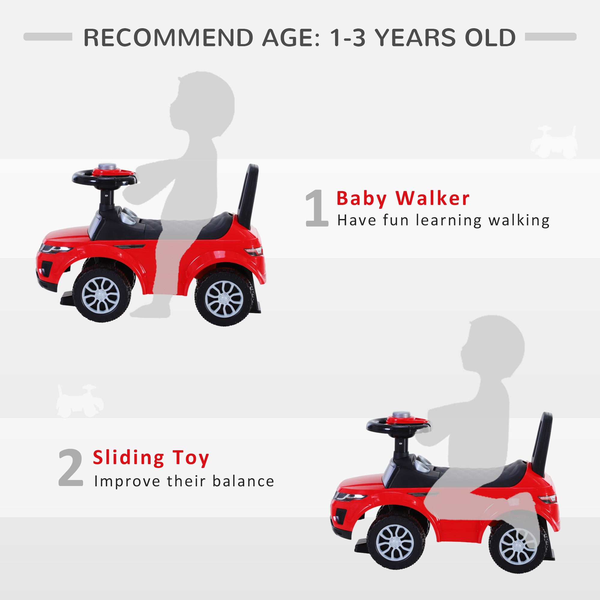 HOMCOM 3-in-1 Ride On Car Foot To Floor Slider Toddler w/ Horn Steering Wheel NO POWER Manual Under Seat Storage Safe Design for 1-3 Year Old Red 