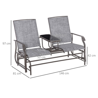 Outsunny 2 Seats Garden Glider Bench, Metal Frame Loveseat with Glass Top  Centre Table, Porch Rocking Glider for 2 Person, for Deck, Patio, Brown/ Grey 
