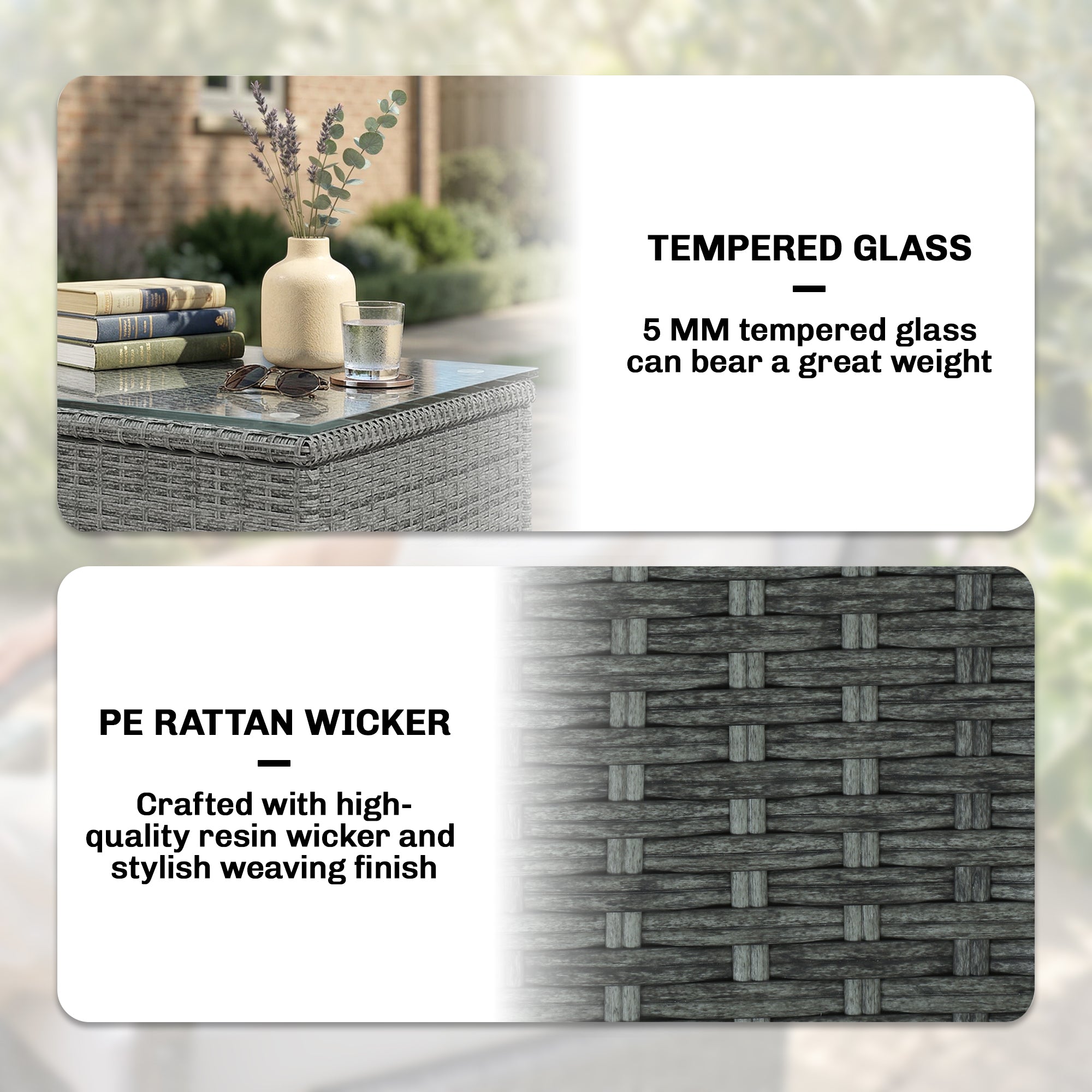 Outsunny 3 Pieces Rattan Bistro Set, Wicker Garden Furniture Set with Metal Frame, Cover, Glass Top Coffee Table, Light Grey 