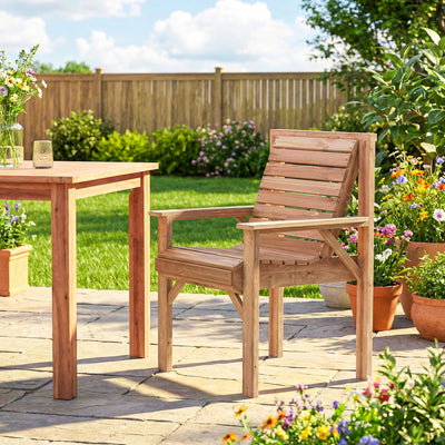 Outsunny Wooden Garden Dining Chair, Outdoor Chair Garden Armchair with Curved Seat and Wide Armrests, Natural Wood Finish 