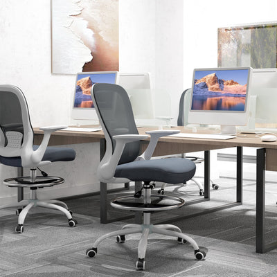 HOMCOM Draughtsman Chair, Mesh Drafting Chair, Ergonomic Office Chair with Flip-up Armrest, Adjustable Foot Ring, Grey 