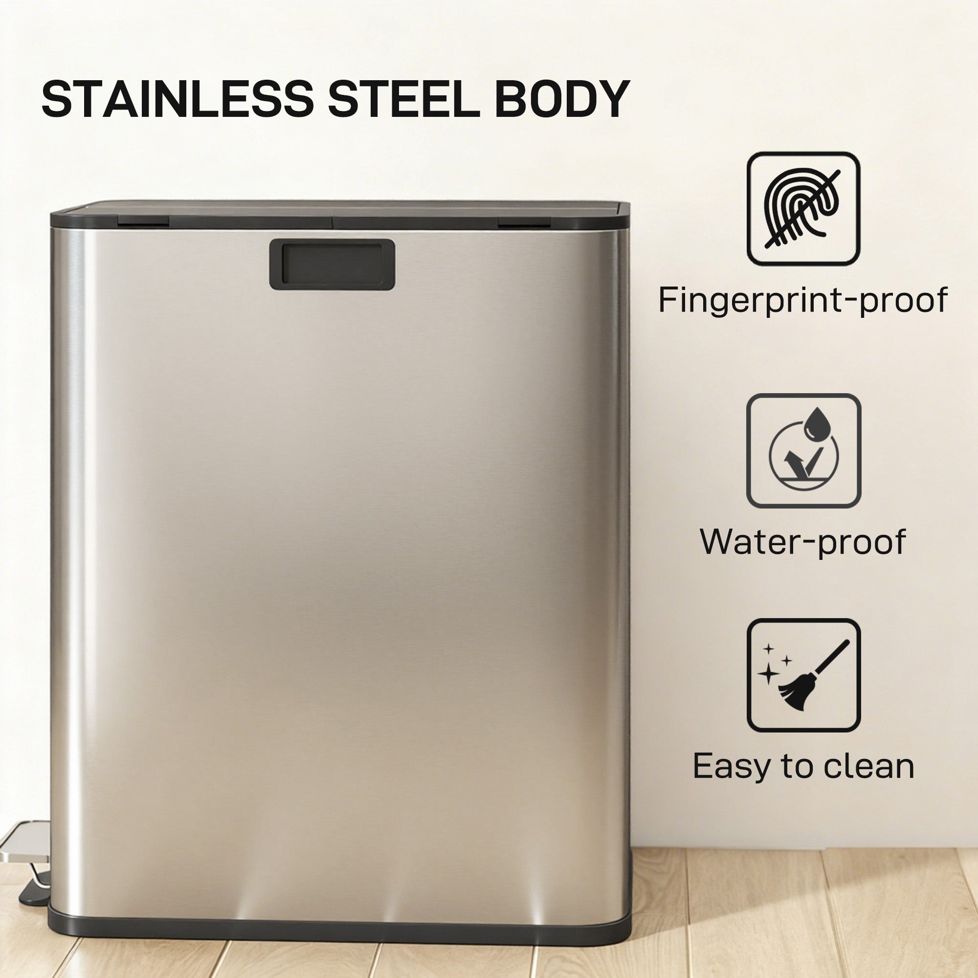 HOMCOM Dual Kitchen Bin with Soft-Close Butterfly Lid, 2 x 28L Stainless Steel Pedal Bin with Removable Inner Buckets, Fingerprint-Proof for Recycling and Waste, Silver Tone 