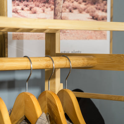HOMCOM Bamboo Garment Rack, Clothes Rack with Storage Shelf, Hanging Rail and Side Hooks for Entryway, Bedroom, Bathroom and Office, Natural 