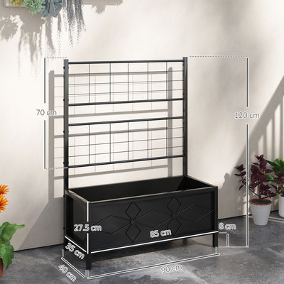 Outsunny Raised Bed for Garden with Trellis, Galvanised Planter Box with Diamond Pattern, Drainage Holes for Vegetables, Herbs and Flowers, 90 x 40 x 120 cm, Black 