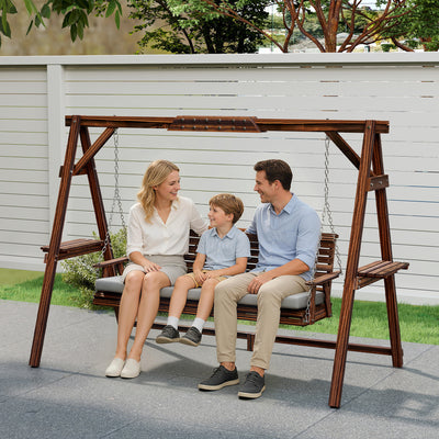 Outsunny 3 Seater Garden Swing Seat, Wooden Swing Chair Bench with Cushion, Side Trays and Metal Chains, for Outdoor Porch Patio, Carbonised Brown 