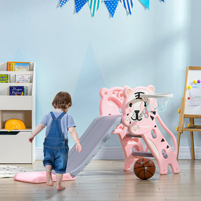 AIYAPLAY 3 in 1 Baby Slide for Indoor Use with Climber, Basketball Hoop, Basketball, for Ages 18-36 Months - Pink 