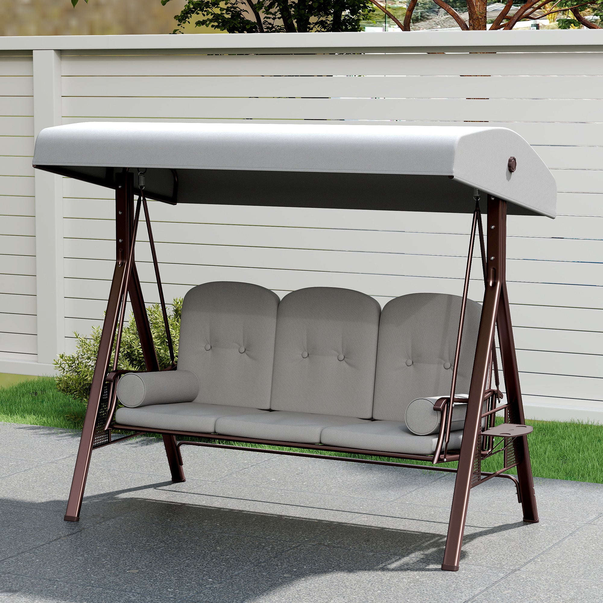 Outsunny 3 Seater Canopy Swing Chair, Outdoor Garden Swing Seat with Adjustable Canopy, Cushions and Cup Trays, Steel Frame, Light Grey 