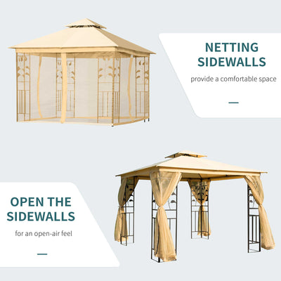 Outsunny 3(m) x 3(m) Garden Gazebo, Double Roof Outdoor Gazebo Canopy Shelter with Netting, Solid Steel Frame, for Garden, Lawn and Deck, Beige 