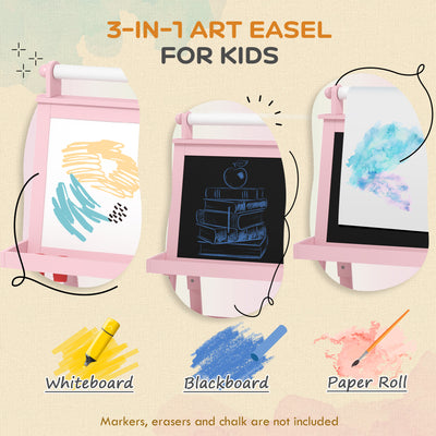 AIYAPLAY 3 in 1 Kids Easel Double-Sided Magnetic Whiteboard and Chalkboard with Paper Roll, Storage Baskets - Pink 