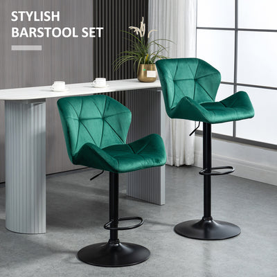 HOMCOM Bar Stools Set Of 2, Luxurious Velvet-Touch Barstools with Metal Frame Footrest Round Base Triangle Indenting Moulded Seat Adjustable Height Swivel Green 