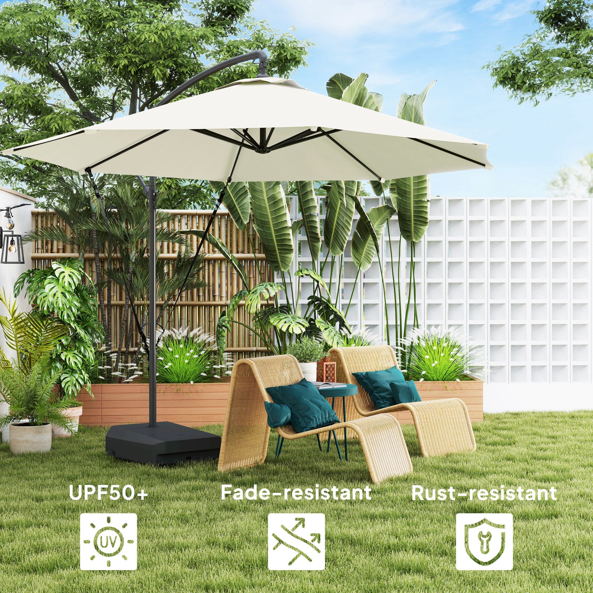 Outsunny 3(m) Garden Cantilever Parasol with Fillable Base, Wind Protection Strap, Cover, Round Banana Hanging Umbrella with Crank Handle and Tilt, Patio Umbrella for Outdoor Sun Shade, UPF50+, Cream 