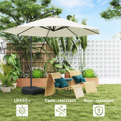Outsunny 3(m) Garden Cantilever Parasol with Fillable Base, Wind Protection Strap, Cover, Round Banana Hanging Umbrella with Crank Handle and Tilt, Patio Umbrella for Outdoor Sun Shade, UPF50+, Cream 