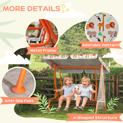 AIYAPLAY Kids Porch Swing, 2-Seater Patio Swing Bench Hammock with Seat Belts, Adjustable Canopy for Garden, Orange 
