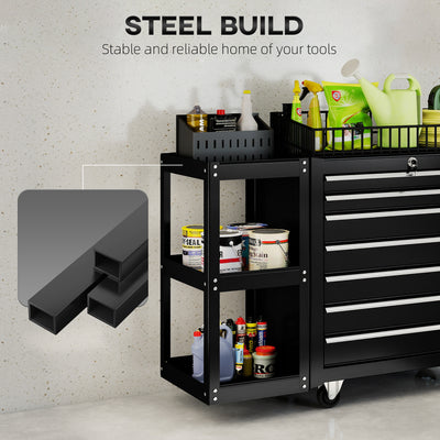 HOMCOM Lockable Steel Tool Chest on Wheels, 7 Drawer Tool Box with Handle for Workshop, Garage, Black