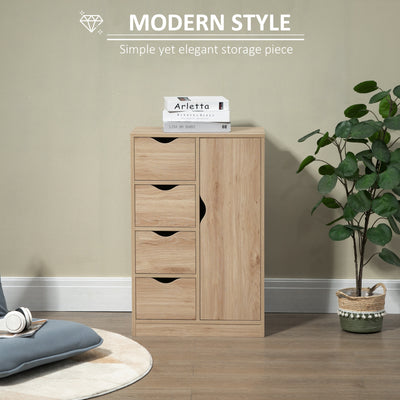 HOMCOM Bathroom Cabinet, Freestanding Storage Cabinet with 4 Drawers, Door Cupboard for Living Room, Kitchen, Bedroom, Natural 