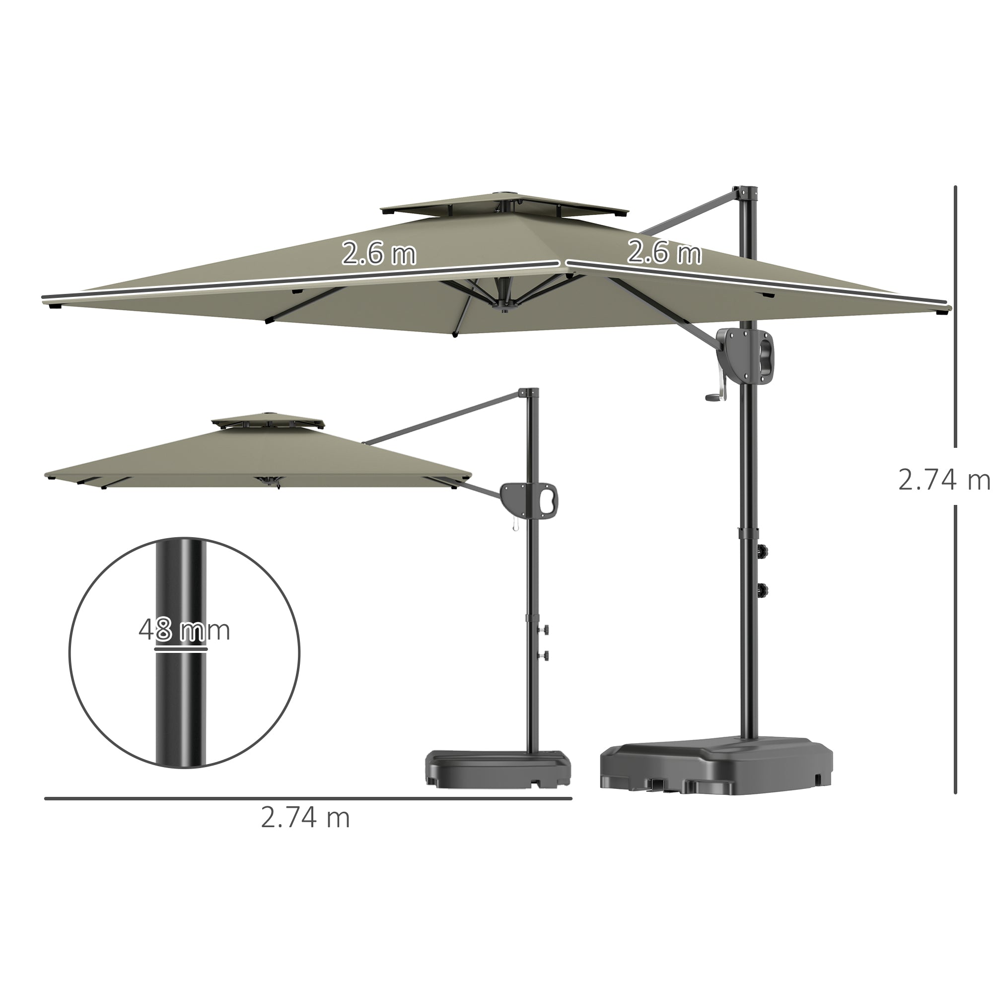 Outsunny Cantilever Parasol with Weighted Base Double Top Garden Parasol Square Hanging Patio Umbrella with Crank Tilt Light Grey 