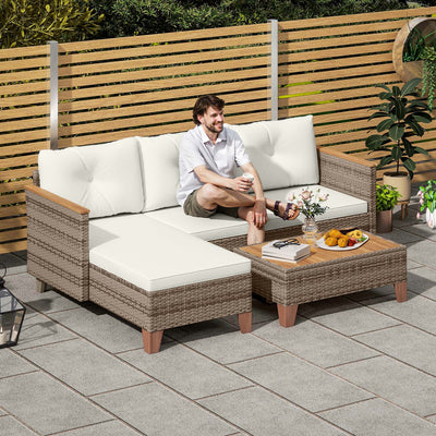 Outsunny 3 Pieces Rattan Garden Furniture Set, L Shaped Garden Conversation Chaise Lounge Furniture with Wood Top Coffee Table and Thick Cushions, Cream 