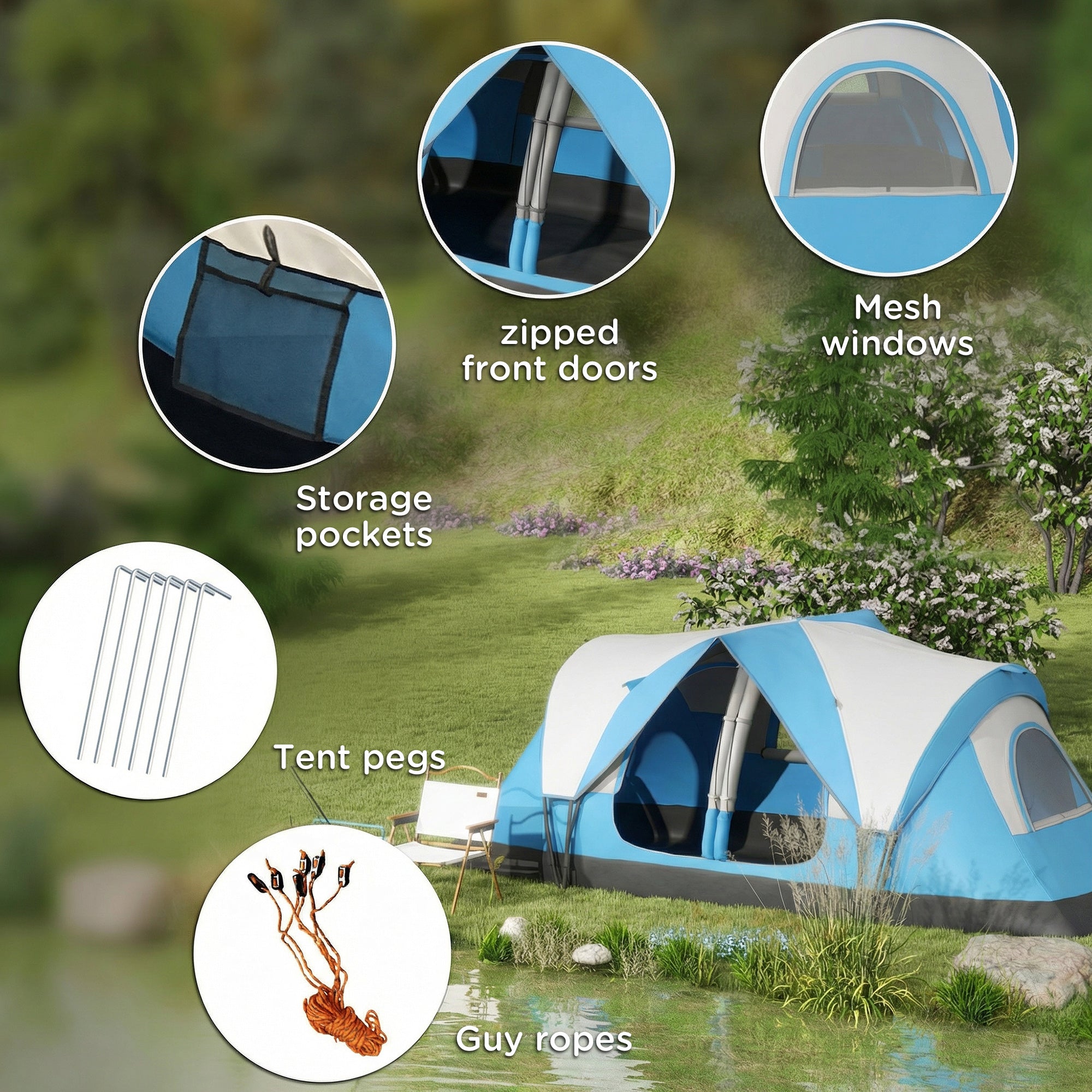 Outsunny Camping Tent for 6-8 Man with 2000mm Waterproof Rainfly and Carry Bag for Fishing Hiking Festival, Sky Blue 