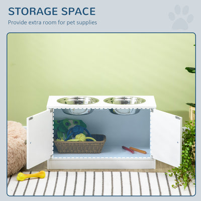 PawHut Raised Pet Feeder, with Two Bowls, Storage - White 