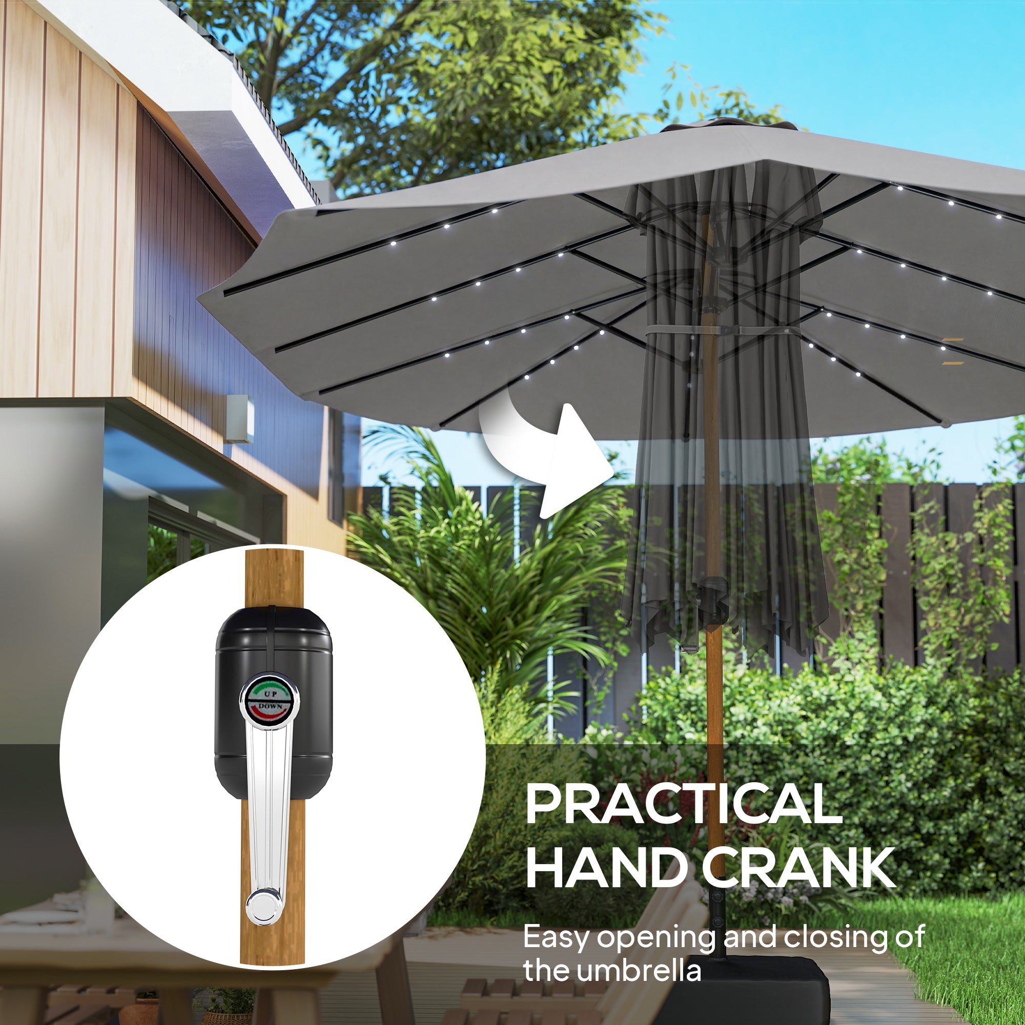 Outsunny Double Sided Garden Parasol with Base Included & 48 Solar LED Lights Patio Umbrella Crank Handle 4.6m Light Grey 