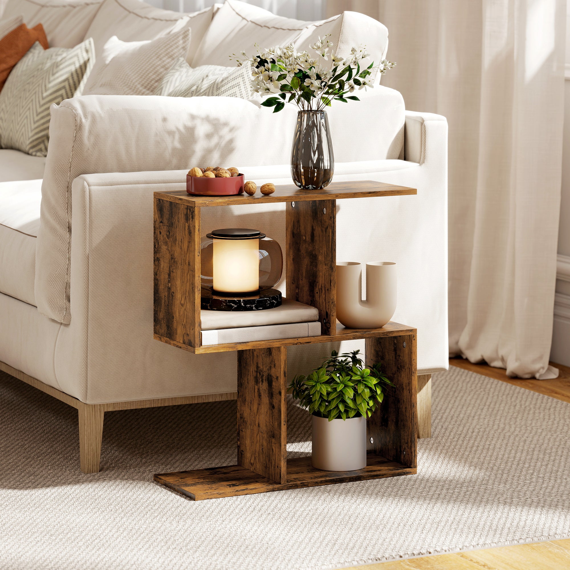 HOMCOM Side Table, Narrow End Table with Storage Shelves, S-Shaped, 3-Tier, 50W x 19.5D x 58H cm, Rustic Brown 