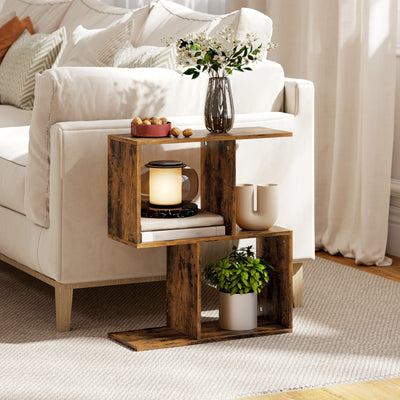 HOMCOM Side Table, Narrow End Table with Storage Shelves, S-Shaped, 3-Tier, 50W x 19.5D x 58H cm, Rustic Brown 