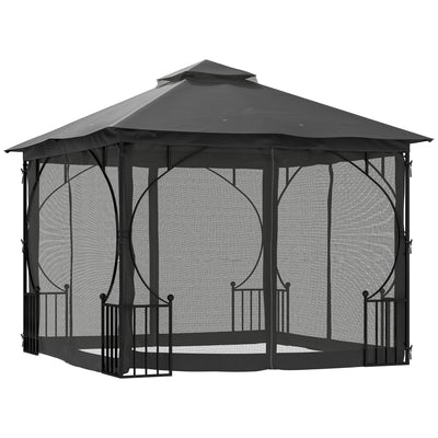 Outsunny 3 x 3(m) Garden Gazebo Patio Party Tent Shelter Outdoor Canopy Double Tier Sun Shade Metal Frame Netting, Dark Grey 