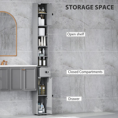 kleankin 180cm Slim Bathroom Cabinet, with Drawer, Shelves and Cupboards - Grey 
