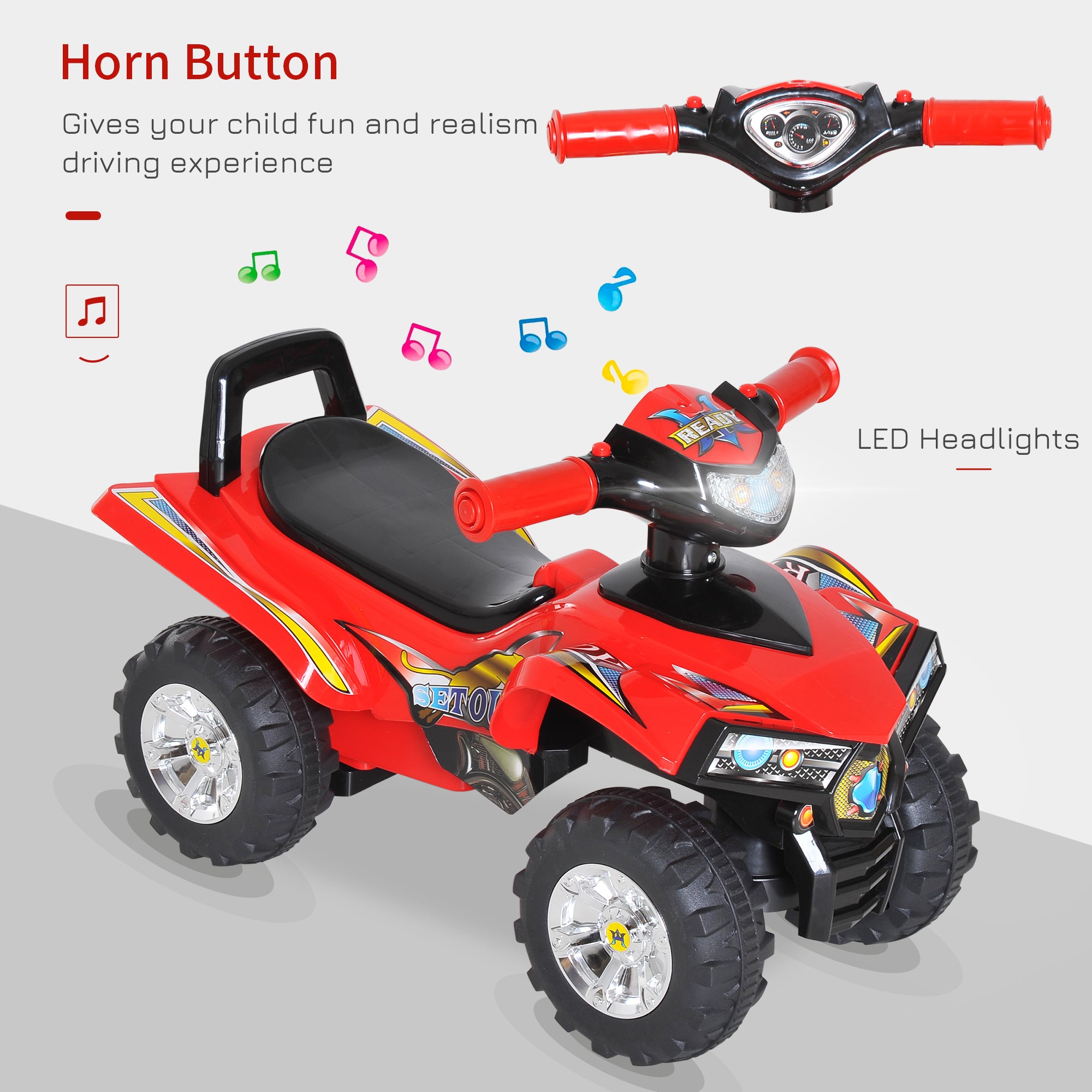 HOMCOM Kids Children Ride-on Toy Off Road Style Quad Bike Racing Car NO POWER 4 Wheels Horn Music Red 