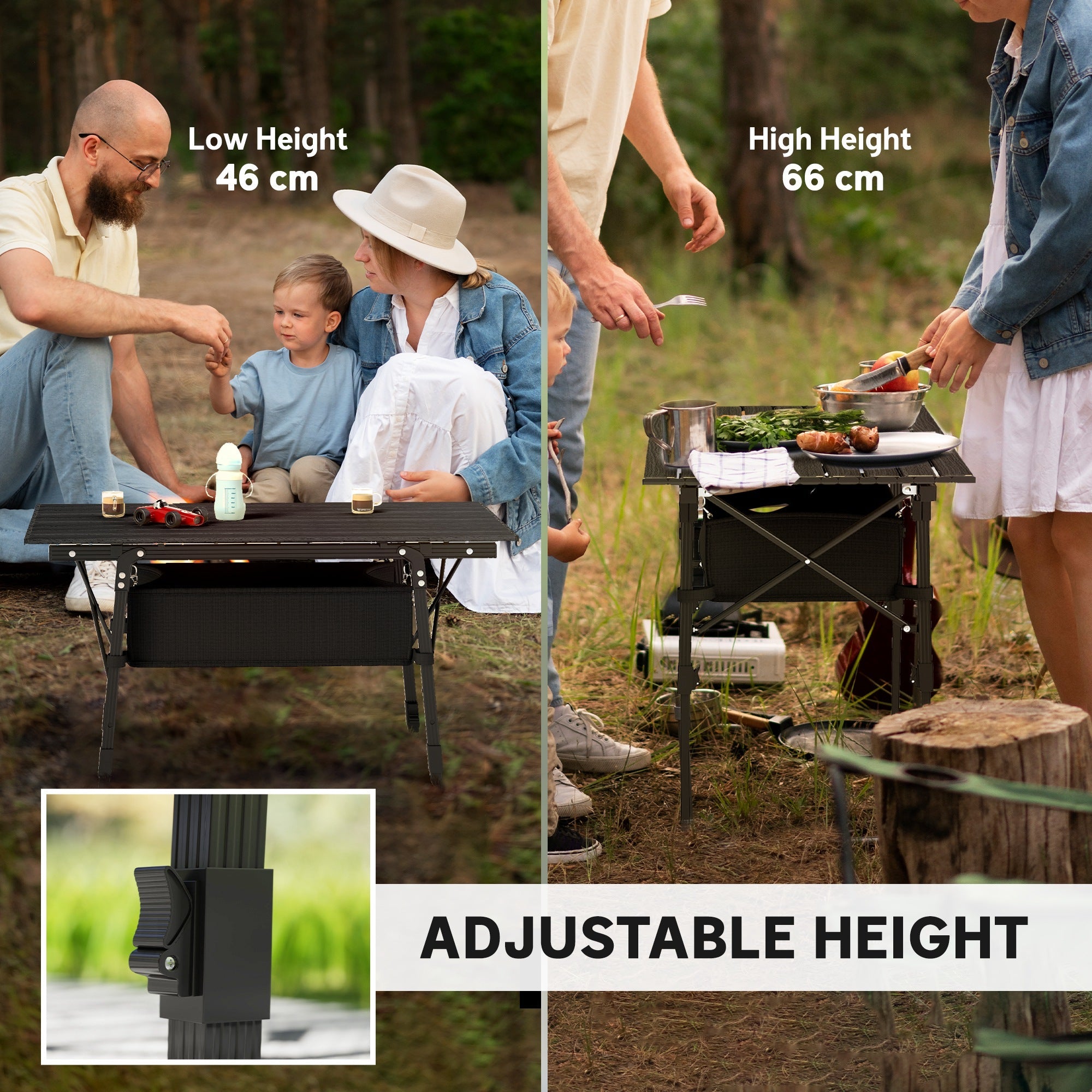 Outsunny Folding Camping Table, 90 x 55 cm Height Adjustable Portable Collapsible Table, 3ft Lightweight Aluminium Rollup Picnic Table with Storage Basket for Outdoor Garden Party BBQ, Black 
