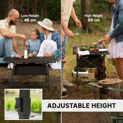 Outsunny Folding Camping Table, 90 x 55 cm Height Adjustable Portable Collapsible Table, 3ft Lightweight Aluminium Rollup Picnic Table with Storage Basket for Outdoor Garden Party BBQ, Black 
