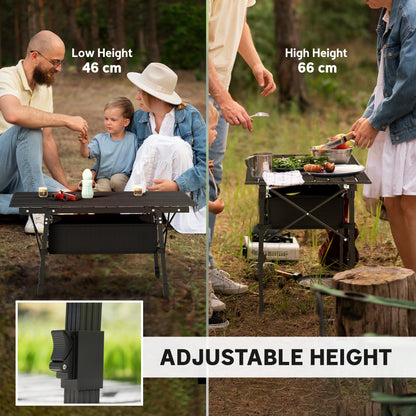 Outsunny Folding Camping Table, 90 x 55 cm Height Adjustable Portable Collapsible Table, 3ft Lightweight Aluminium Rollup Picnic Table with Storage Basket for Outdoor Garden Party BBQ, Black 