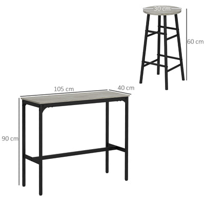 HOMCOM 3 Piece Bar Table Set with 2 Stools, Industrial Bar Table and Stool Set, Dining Table and Chair Set, Grey 