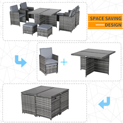 Outsunny 8-Seater Rattan Dining Set Garden Furniture Cushion Seat Woven Rattan Grey 