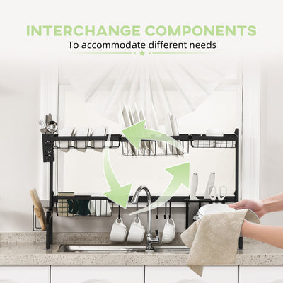 HOMCOM Space Saving 2 Tier Adjustable Dish Drainer Over The Sink Dish Drying Rack, Black 