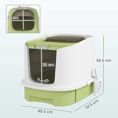 PawHut Cat Litter Box with Lid, Scoop, Deodorisation Bags, Top Entry, Green 