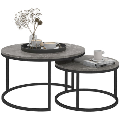 HOMCOM Industrial Nesting Coffee Table Set of 2, Round Coffee Tables, Living Room Table with Faux Marbled Top and Steel Frame 