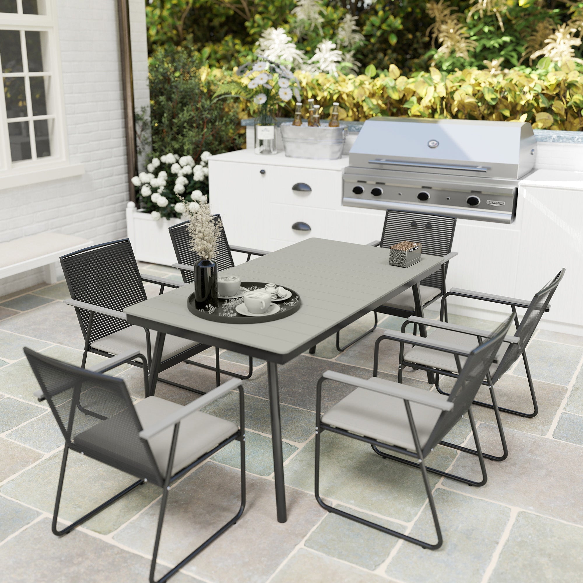 Outsunny 6 Seater Garden Dining Set with Soft Cushions, Rattan Backrest, Rectangular Plastic Top, Garden Furniture Set, Outdoor Dining Table and Chairs for Patio, Balcony, Poolside, Grey 