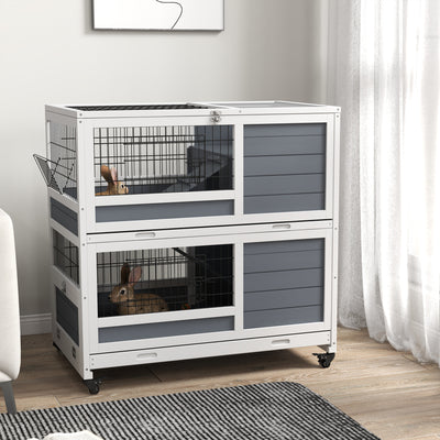 PawHut Double Deckers Guinea Pig Cage, Indoor Rabbit Hutch with Feeding Trough, Trays, Ramps, Openable Top - Grey 