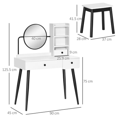 HOMCOM Dressing Table Set with Mirror and Stool, Vanity Makeup Table with 3 Drawers and Open Shelves for Bedroom, Living Room, White 