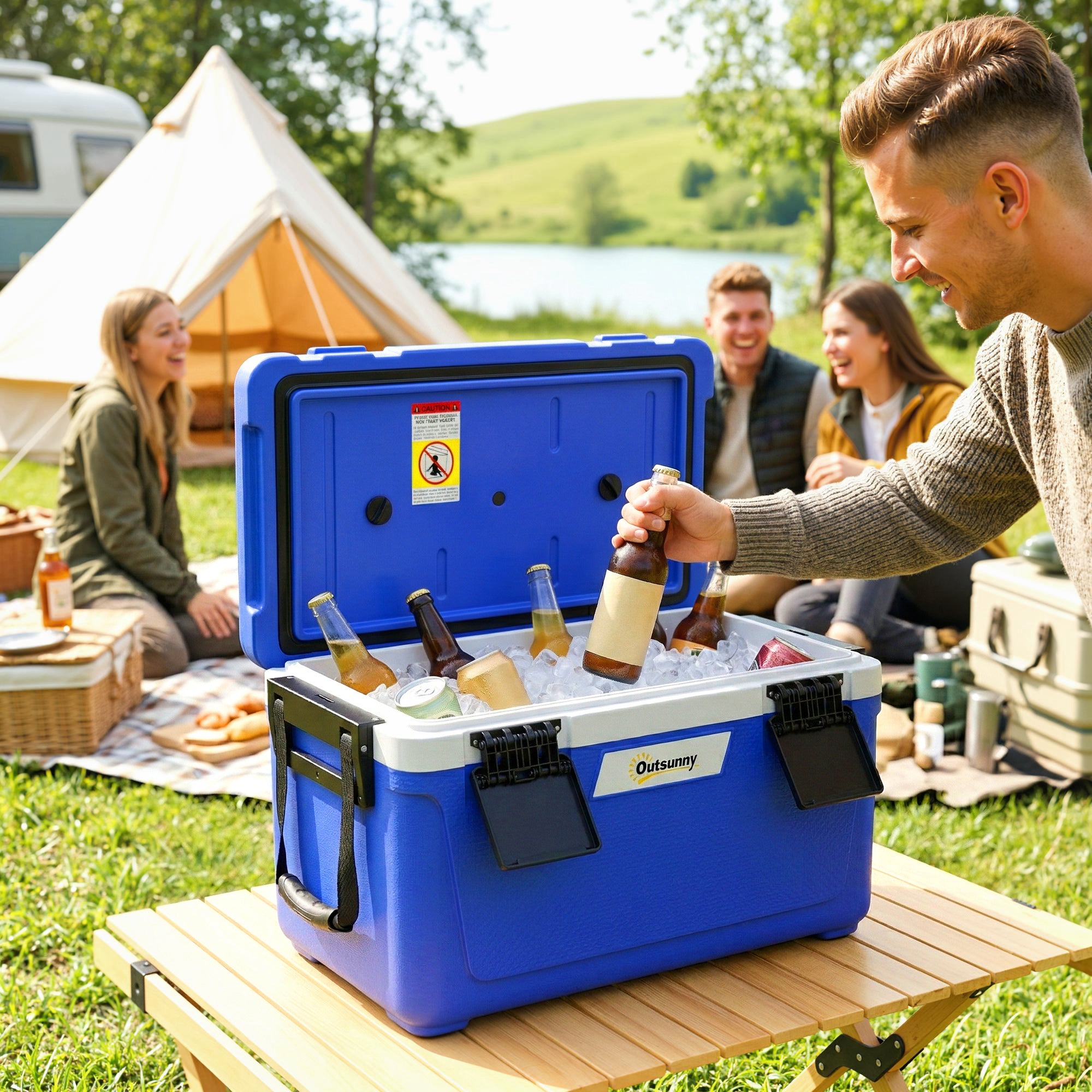 Outsunny 42.6L Insulated Cool Box, Lightweight Portable Ice Cooler with Handle, Lid and Drain Valve, Dark Blue 