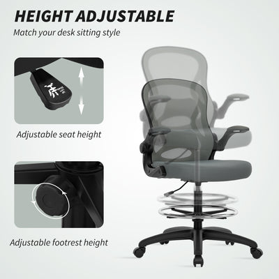 Vinsetto Drafting Chair, Ergonomic Tall Office Chair with Flip-up Armrests, Mesh Back, Lumbar Support, Adjustable Height and Foot Ring, Swivel Wheels, for Standing Desk, Charcoal Grey 
