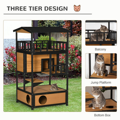 PawHut Wooden Outdoor Cat House 3-Tier for Winter Kitten Shelter Lodge w/ Tilted Roof Terrace Jump Step Bottom Tray Elevated Base Waterproof Paint Yellow 